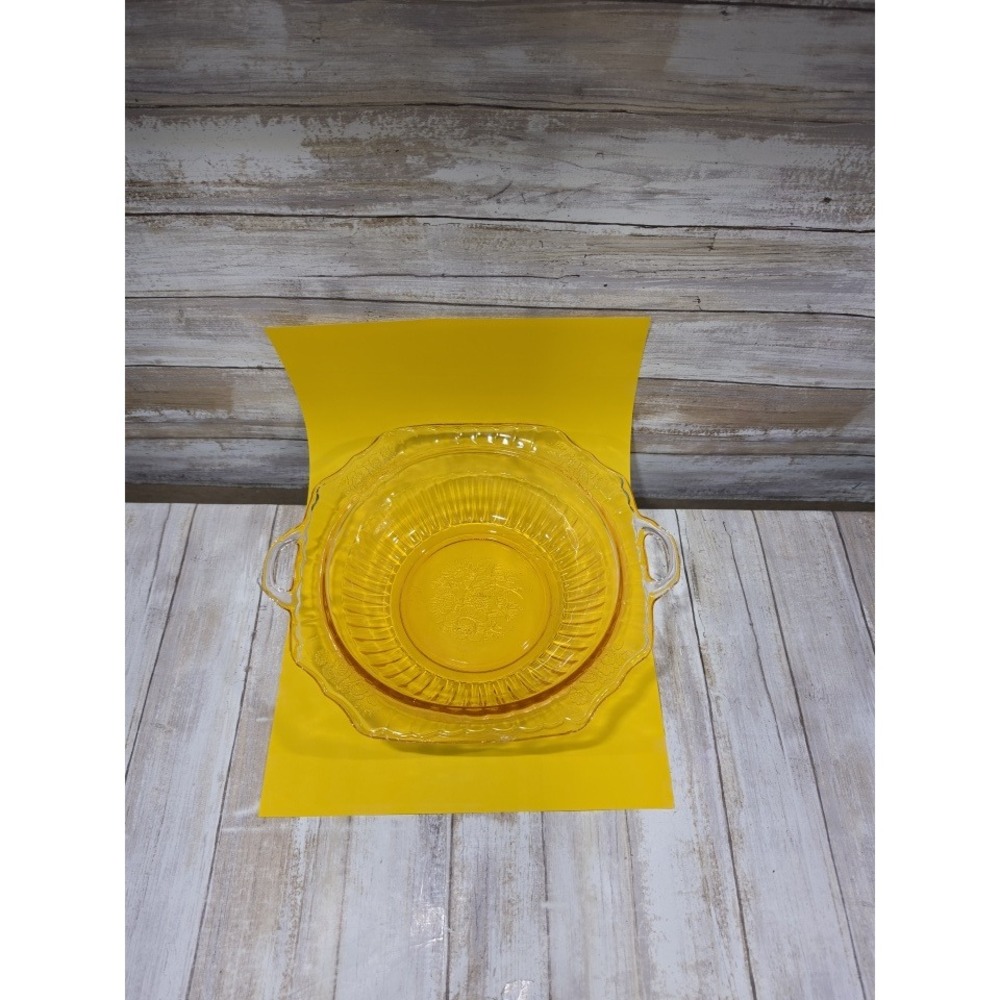 Vintage Amber Depression Glass Floral Etched Ribbed Serving Bowl with Handles‎